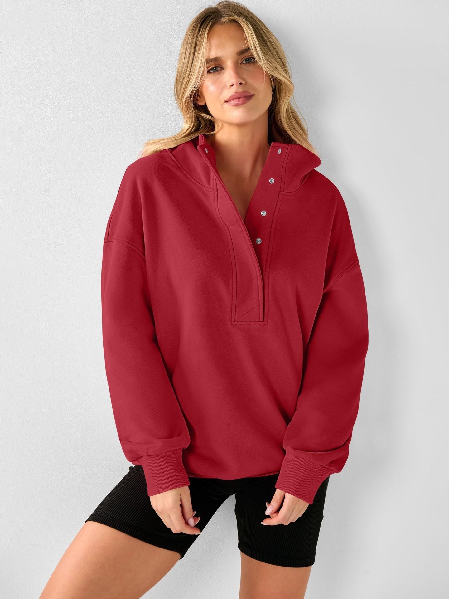Solid Cotton Blend Hoodie Casual Oversized Snap Neck
