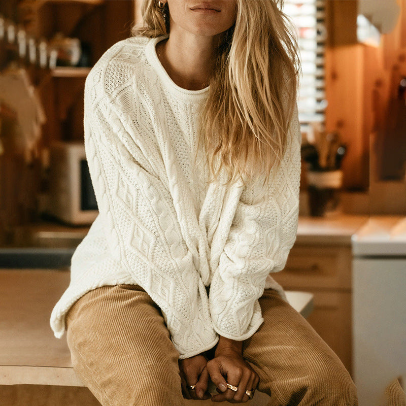 Women's Oversized Cable Knit Crew Neck Pullover Sweater