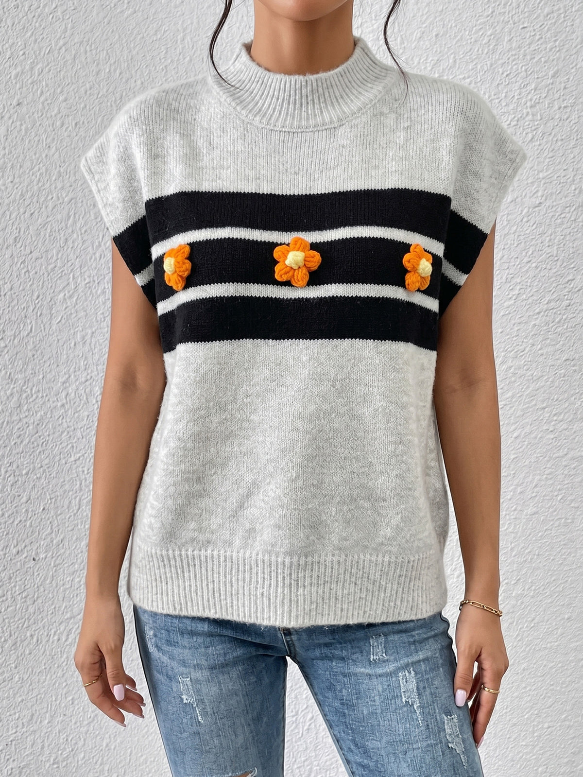 Women's Striped Crochet Flower Sweater Vest