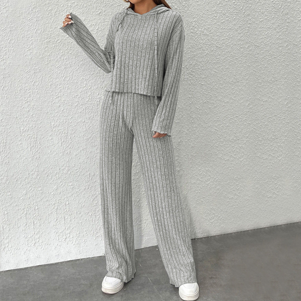 Ribbed Knit Hoodie Wide Leg Pants Lounge Set
