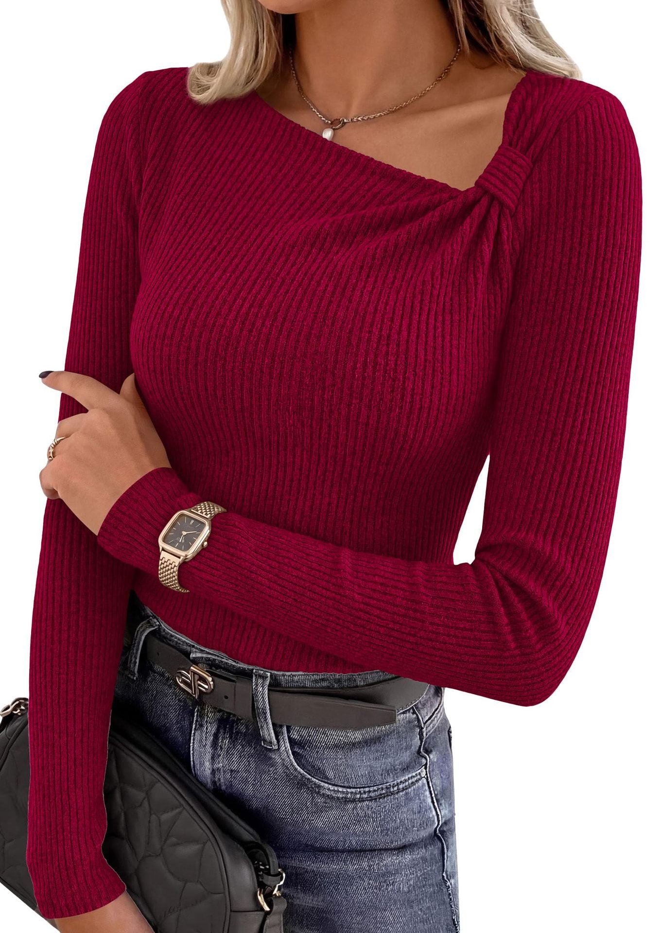 Asymmetrical Ribbed Knit Long Sleeve Sweater Top