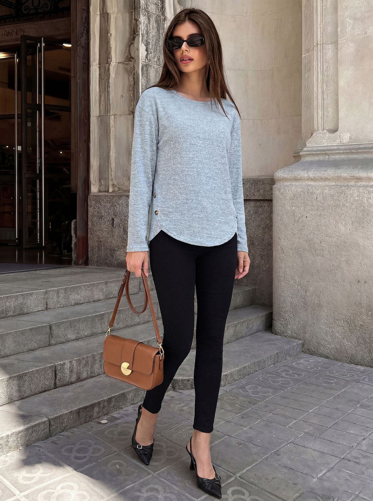 Women's Loose Long Sleeve Side Button Slit Tunic Top
