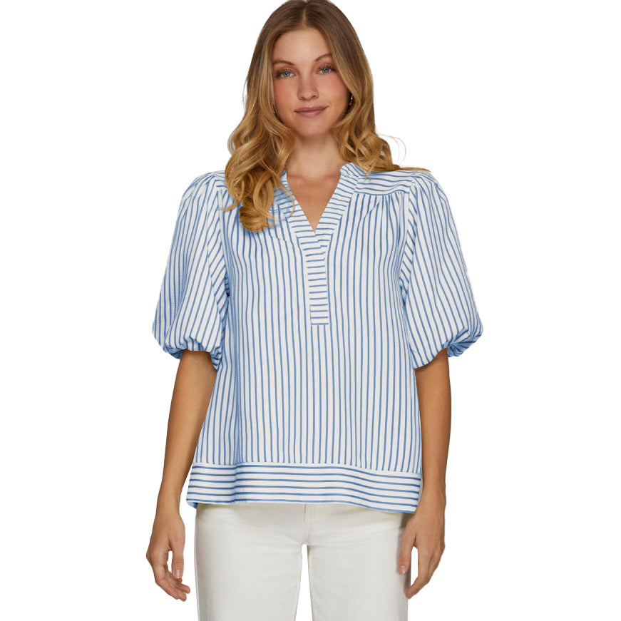 Striped V Neck Puff Sleeve Patchwork Blouse Top