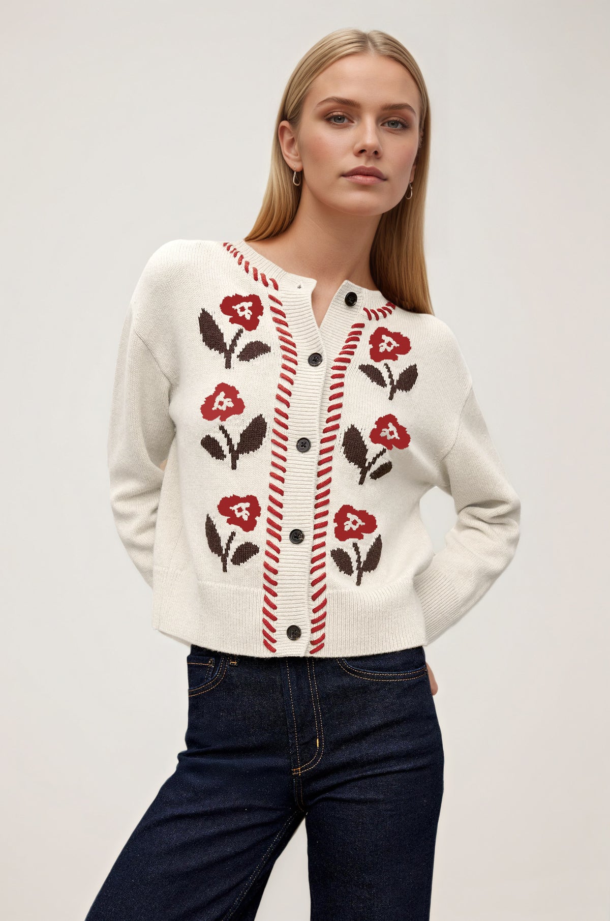 Women's Vintage Floral Knit Button Cardigan