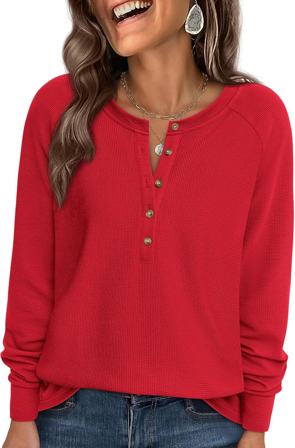 Henley Button Front Waffle Knit Long Sleeve Top