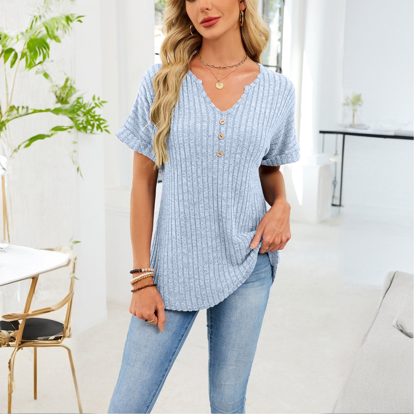 Ribbed Knit Tunic Top Button V Neck Tee