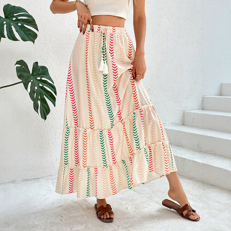 2025 Summer Color-Block Print Elastic Waist Bohemian Patchwork Skirt
