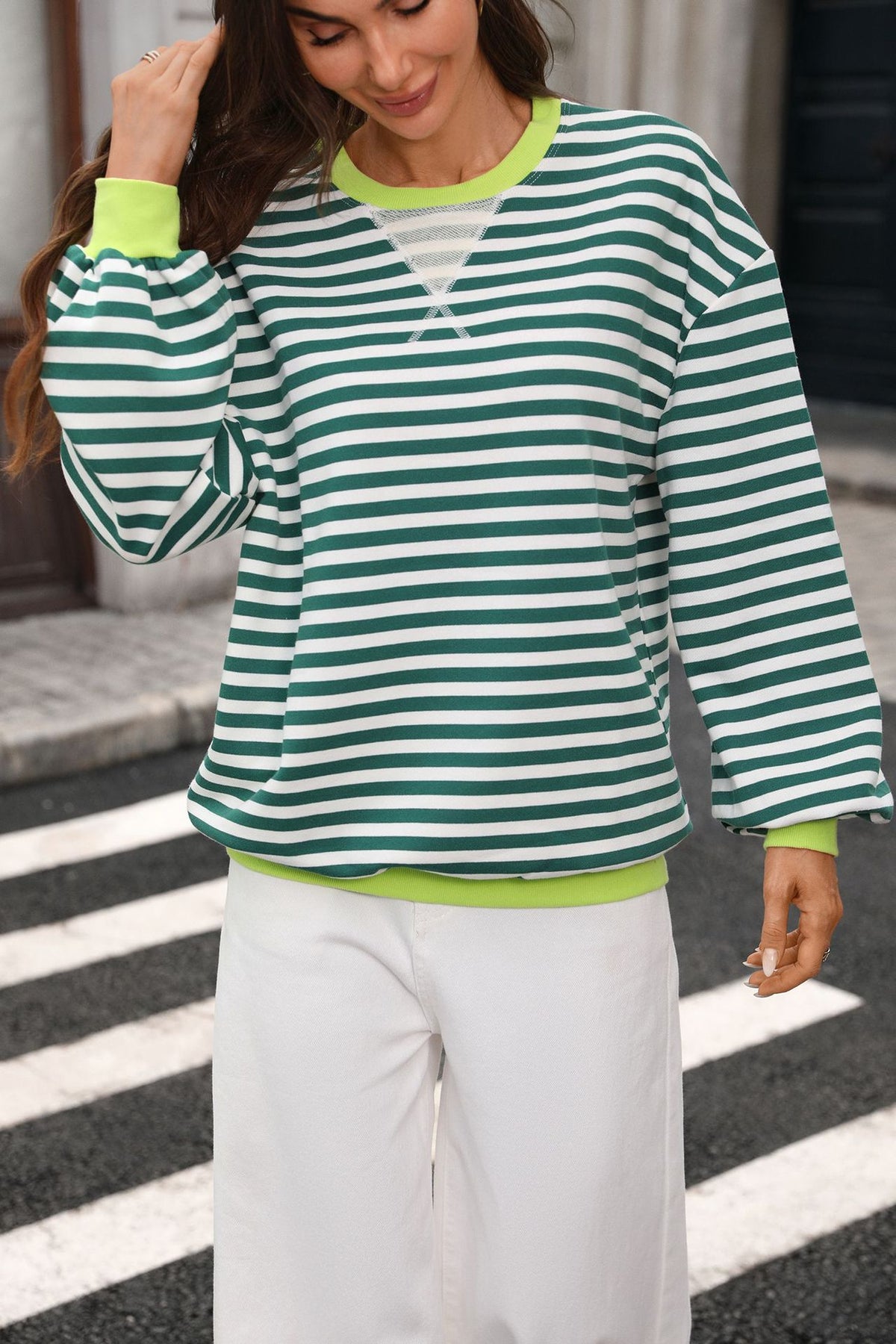 Women's Oversized Striped Color Block Crewneck Sweatshirt