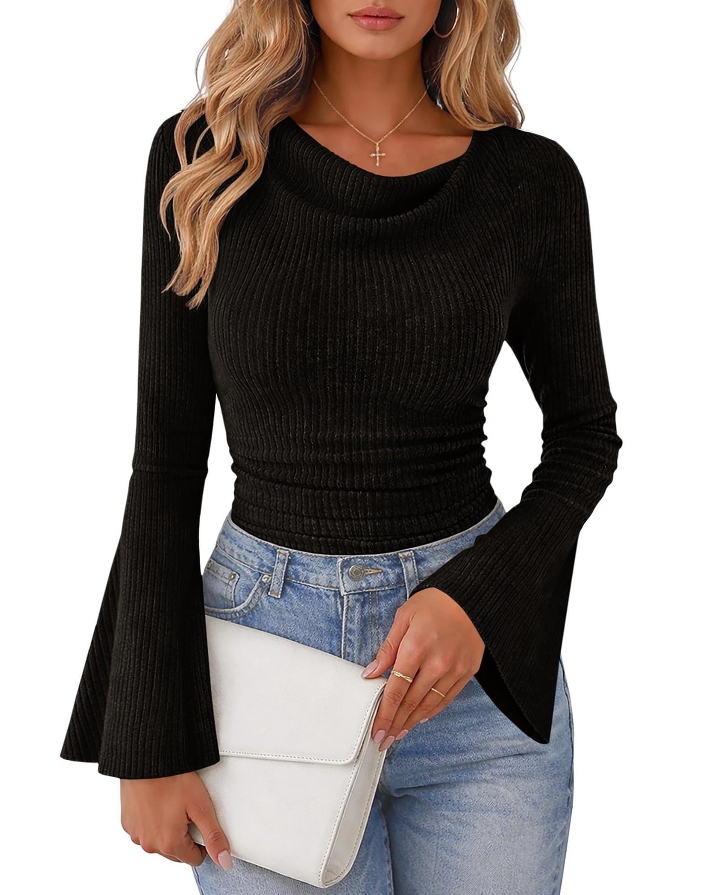 Women's Cowl Neck Bell Sleeve Ribbed Fitted Top