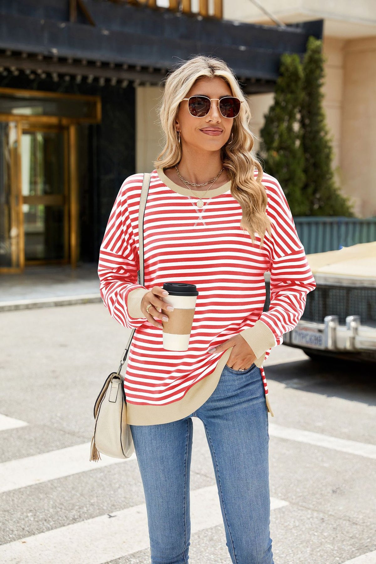 Women's Striped Color Block Sweatshirt Raglan Split Hem