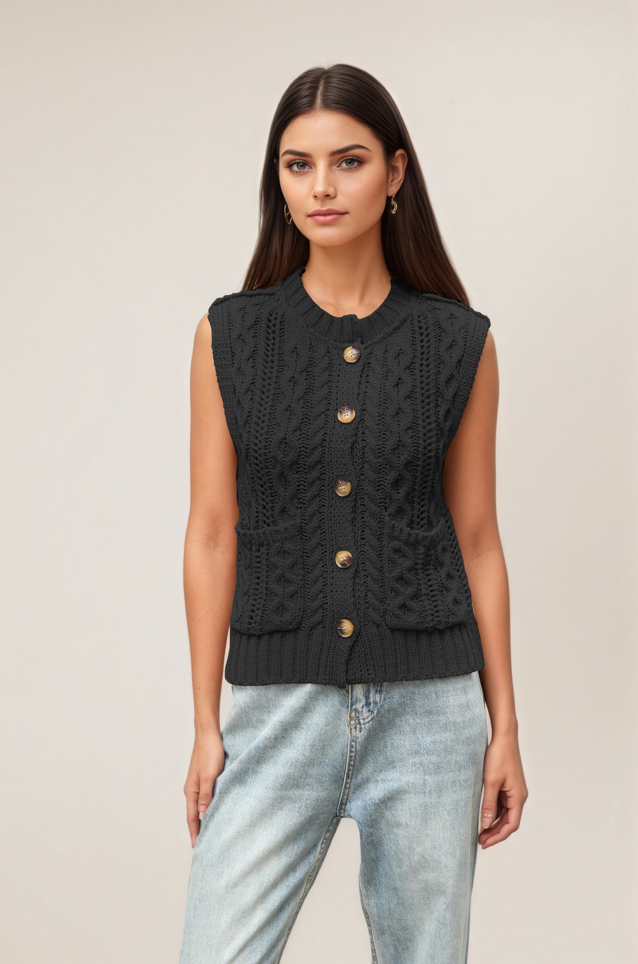 Pocket Knit Vest Sleeveless Cardigan Sweater Casual Layering