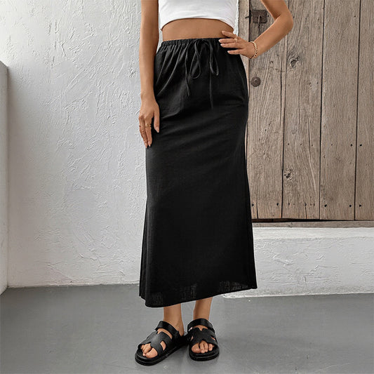 Solid Black Cotton Drawstring Midi Skirt