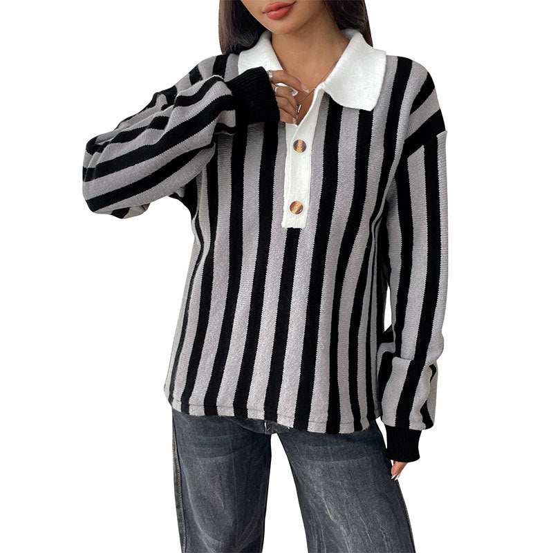 Striped Knit Pullover Sweater with Collar Long Sleeve