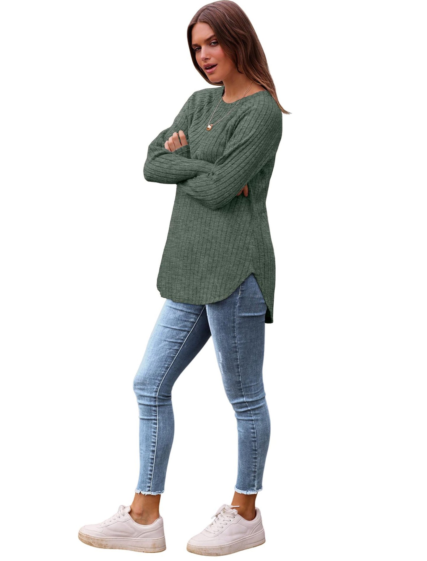 Solid Ribbed Knit Tunic Top Curved Hem Long Sleeve