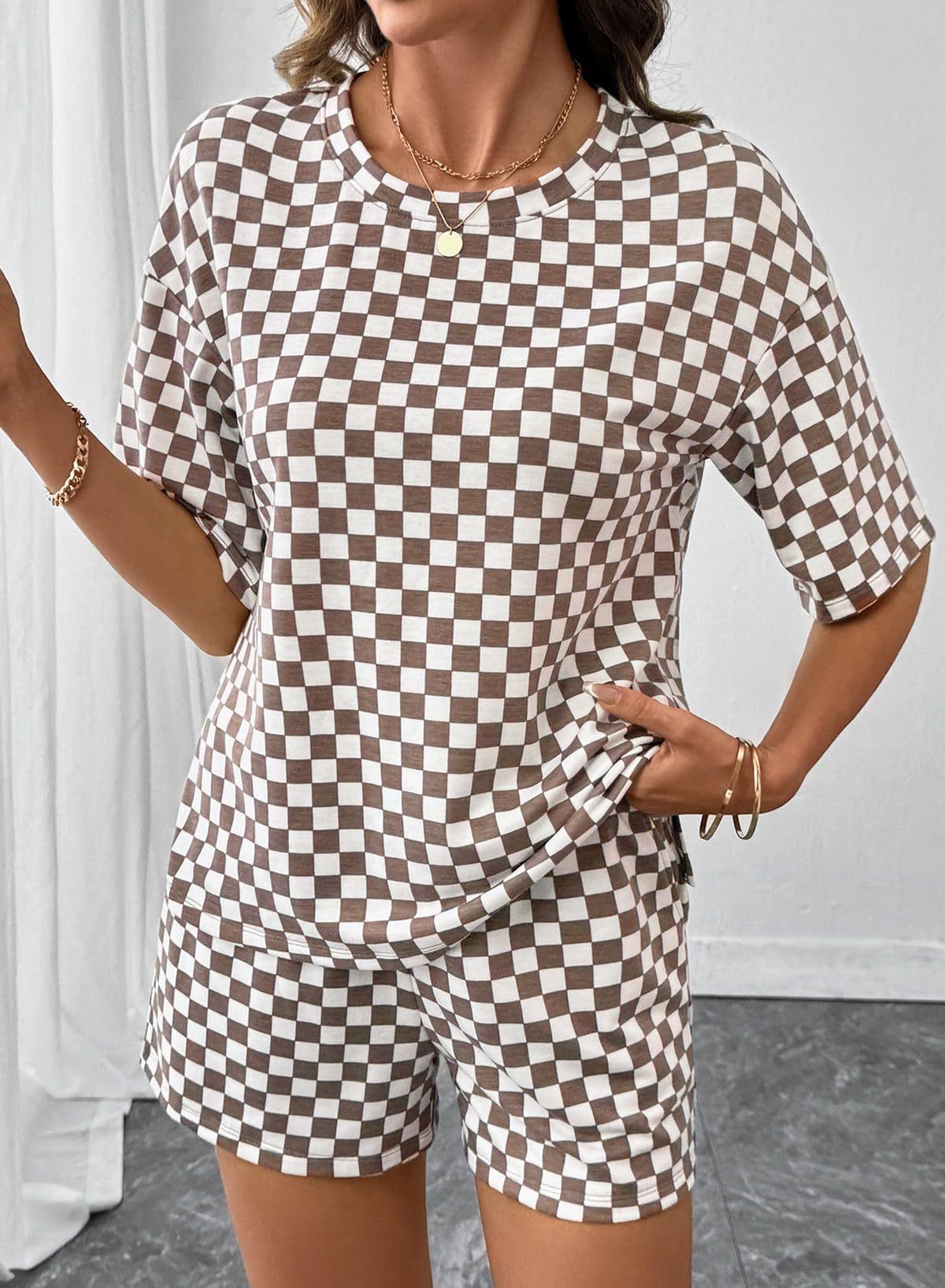 Women's Checkerboard Lounge Set Drawstring Shorts Casual