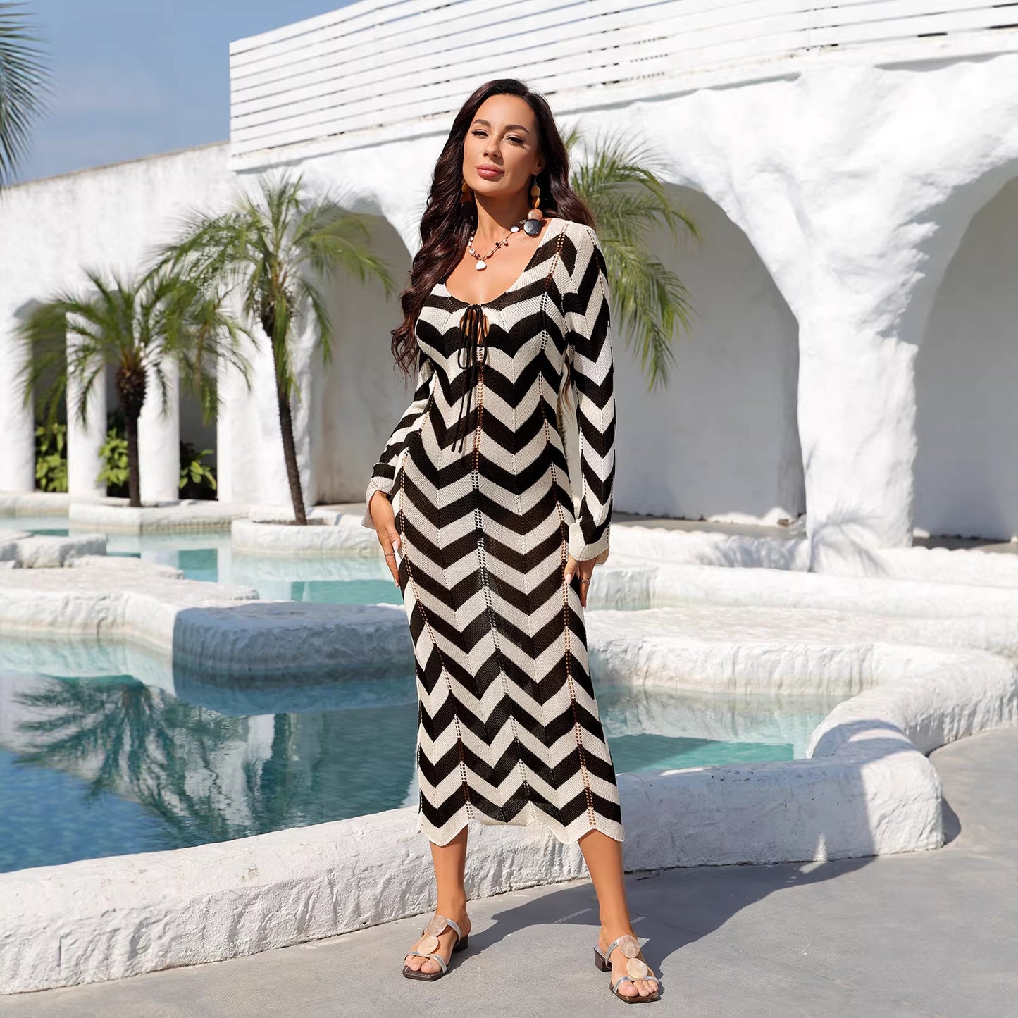 V Neck Tie Front Knit Maxi Beach Cover Up Dress