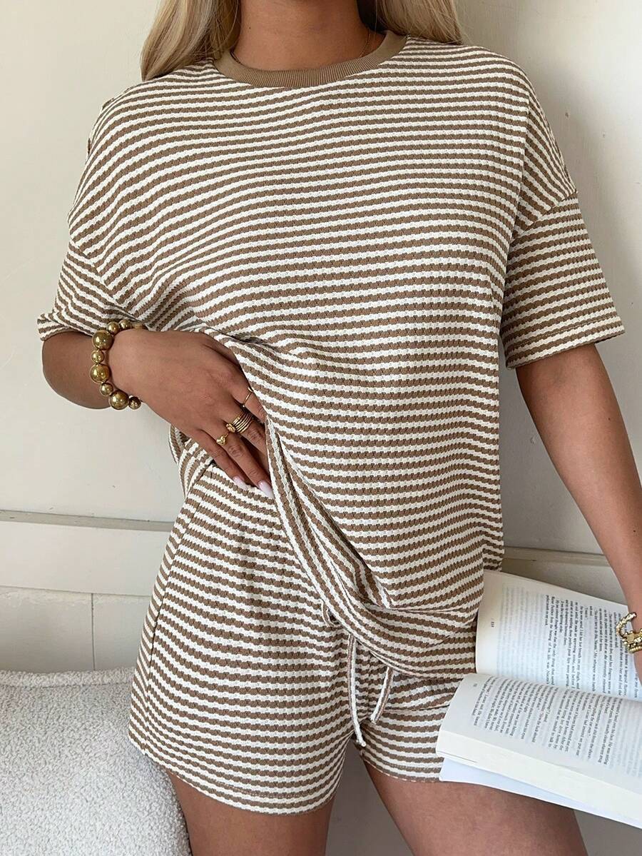 Striped Knit Shorts Set Casual Drawstring Lounge