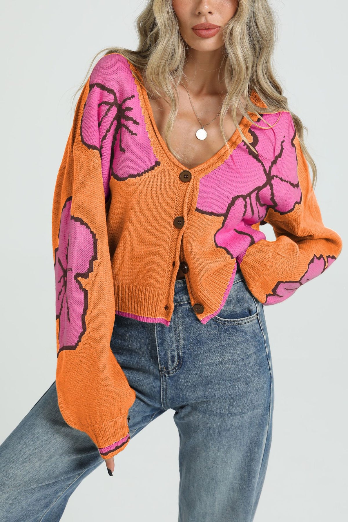 Women's Colorblock Floral Button V-Neck Cardigan Sweater