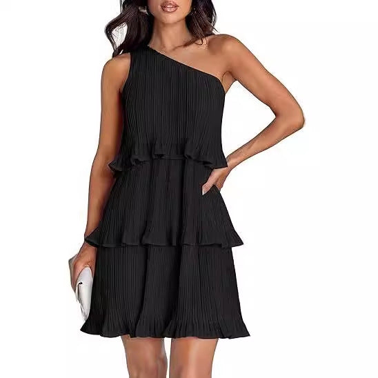 One Shoulder Tiered Pleated Ruffle Mini Dress for Summer