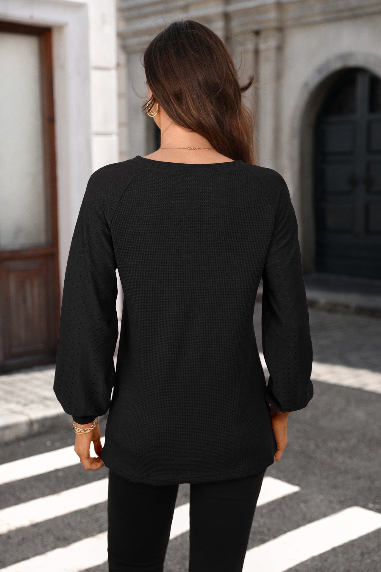 Solid Patchwork Long Sleeve Top Loose Fit Casual Blouse