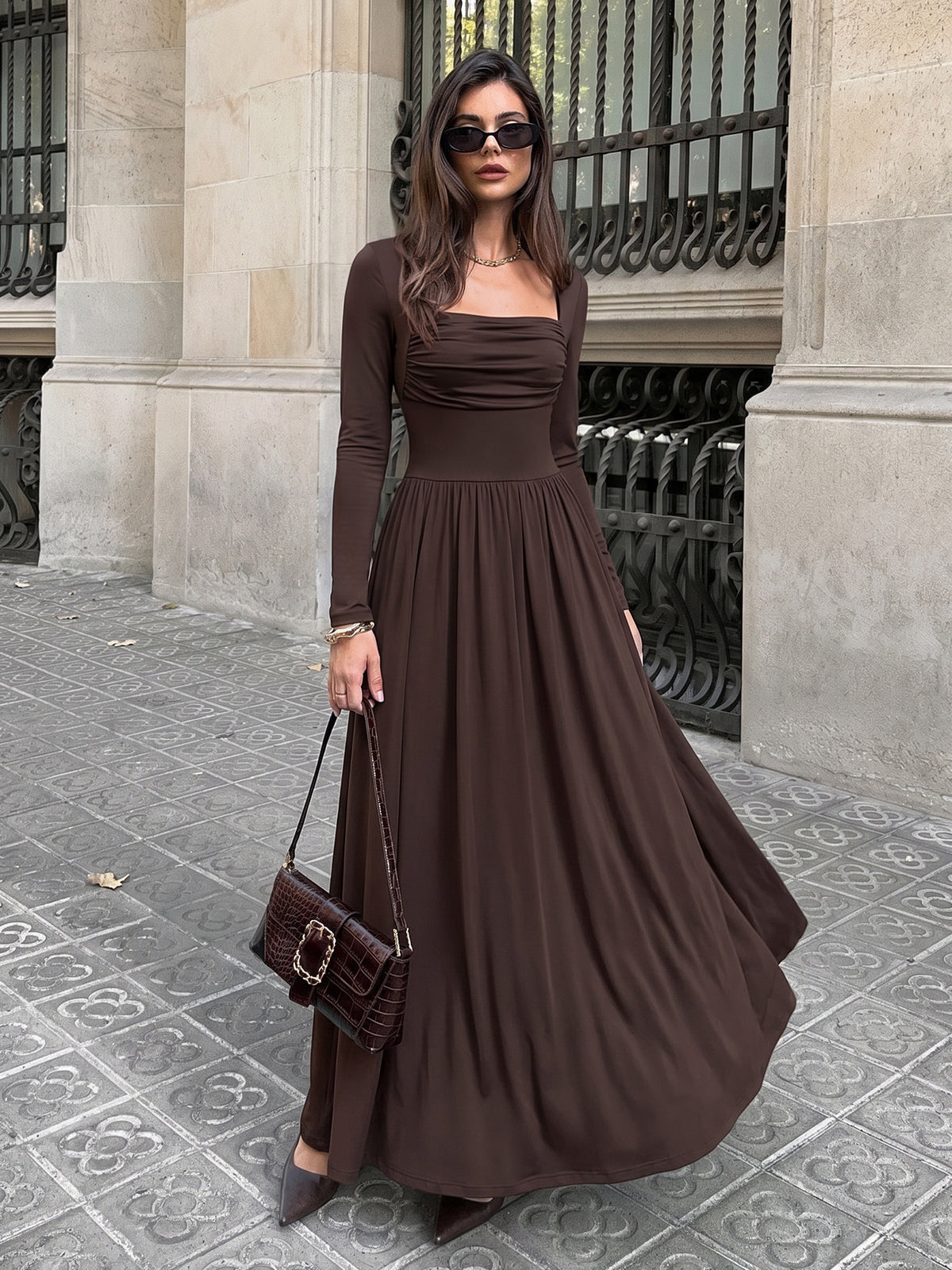 Brown Square Neck Long Sleeve Ruched Maxi Dress