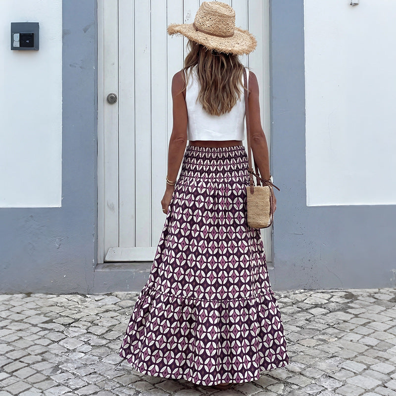 Geometric Chiffon Maxi Skirt Boho Smocked Tiered