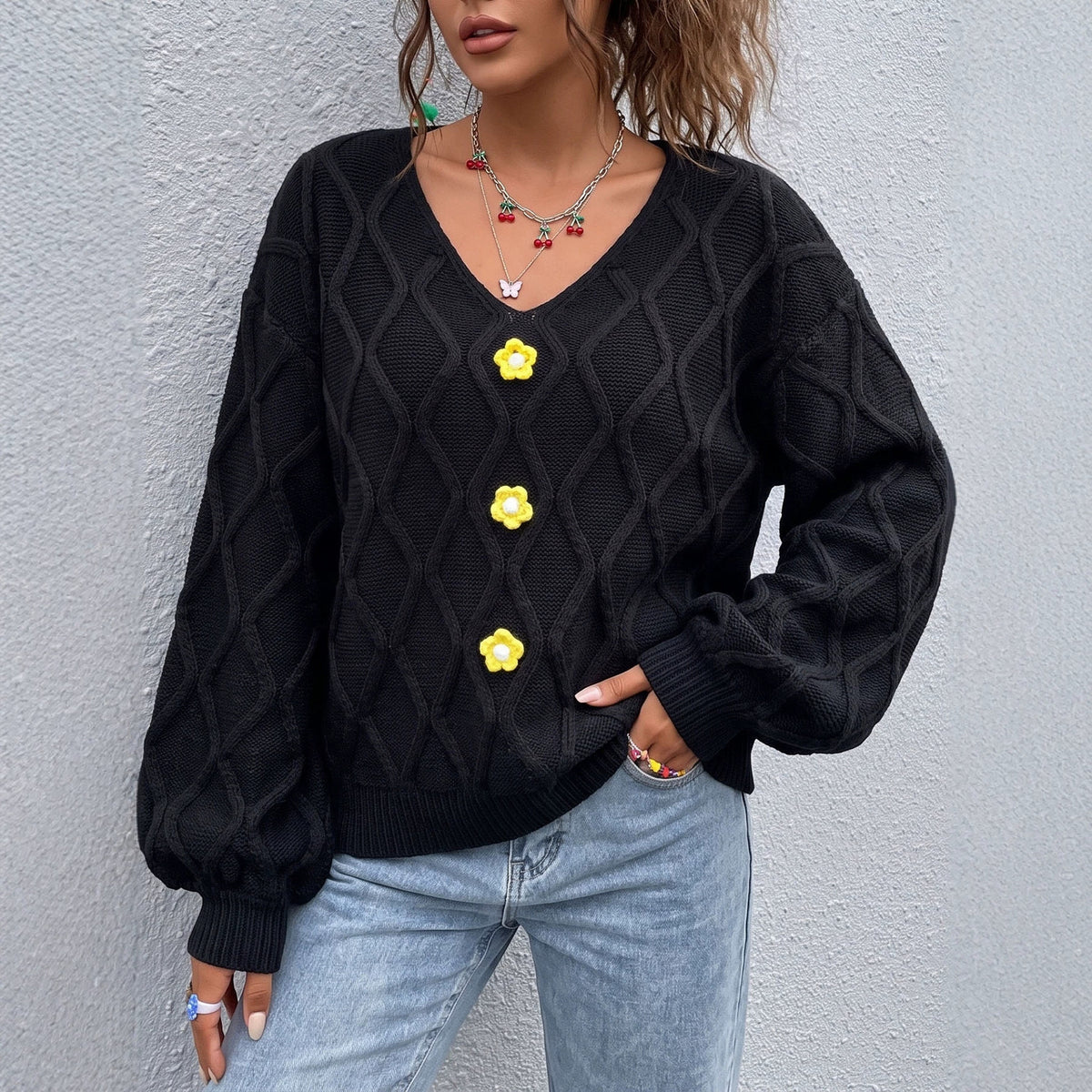 Women's V-Neck Cable Knit Sweater Floral Balloon Sleeve