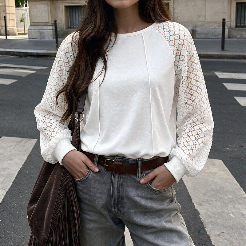 Women's Lace Raglan Sleeve Sweatshirt Oversized Top