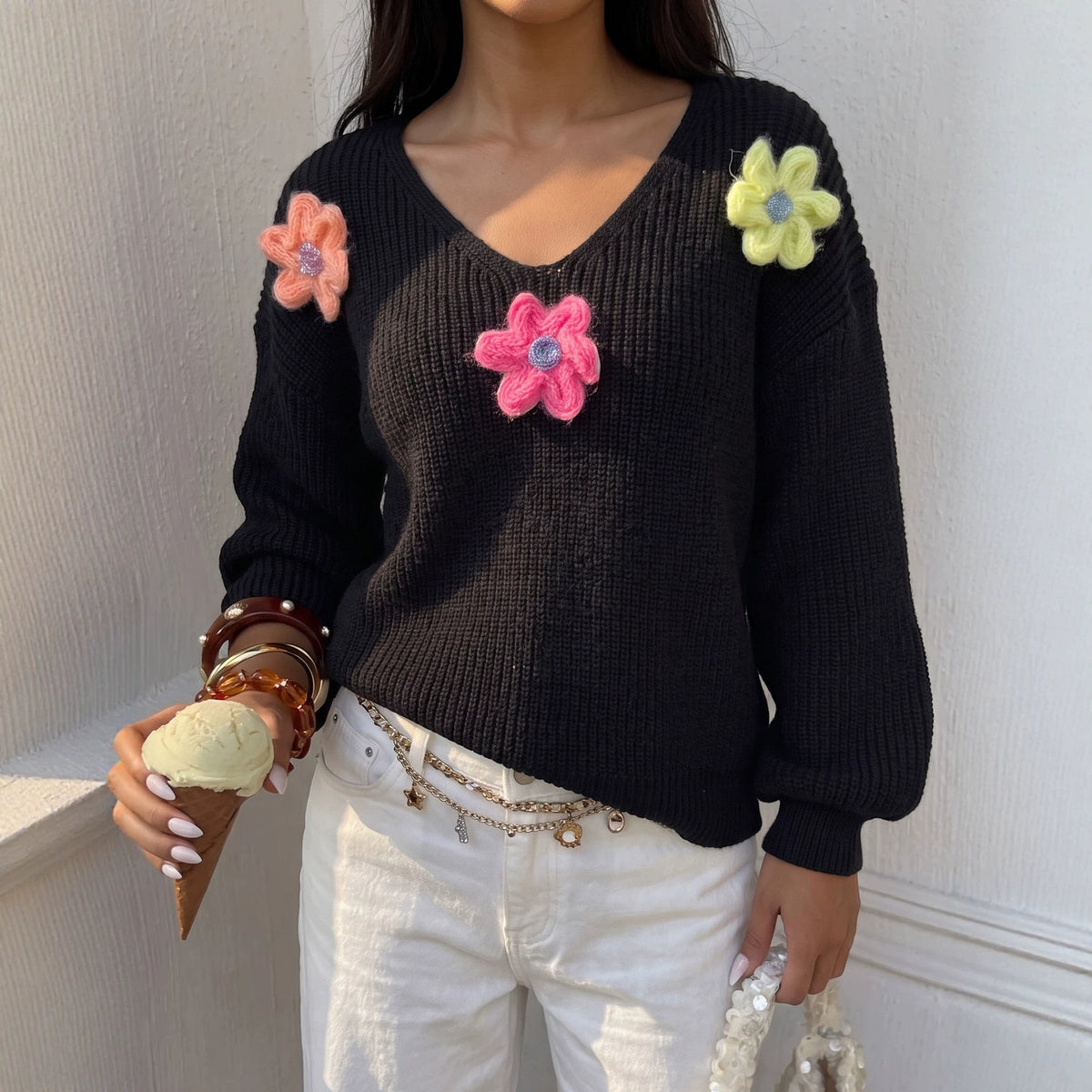 Women's Colorful Chunky Floral V Neck Knit Sweater