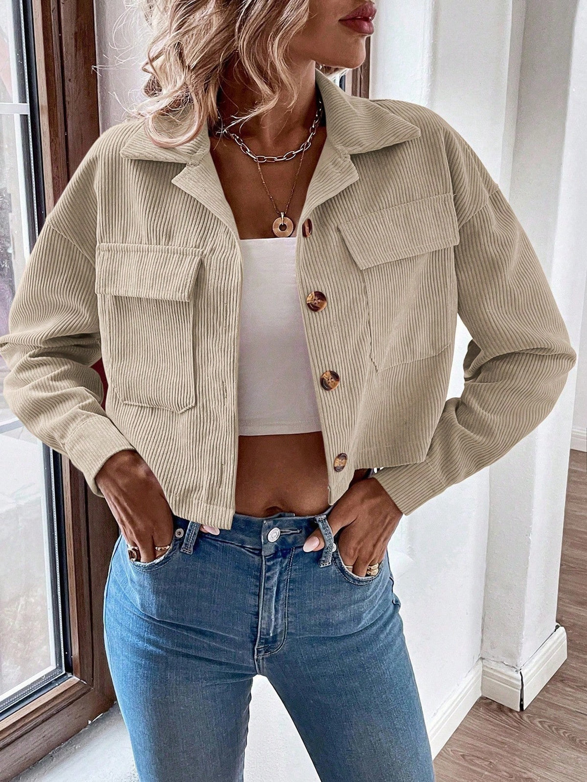 Women Corduroy Cropped Shacket Button Up Jacket