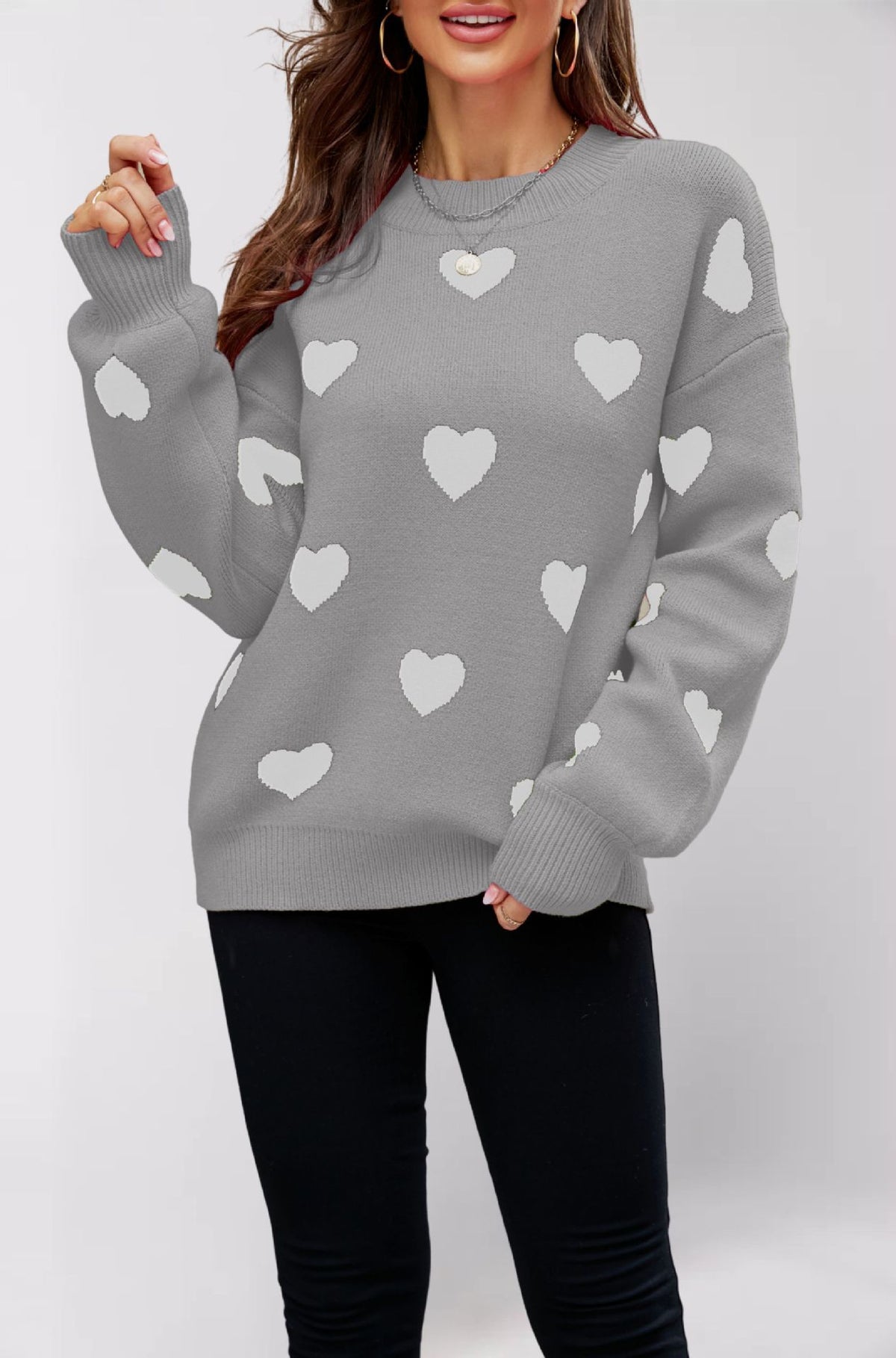 Women's Heart Print Crew Neck Oversized Pullover Sweater