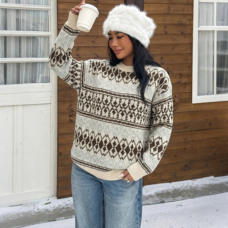 Women's Oversized Fair Isle Crew Neck Knit Sweater