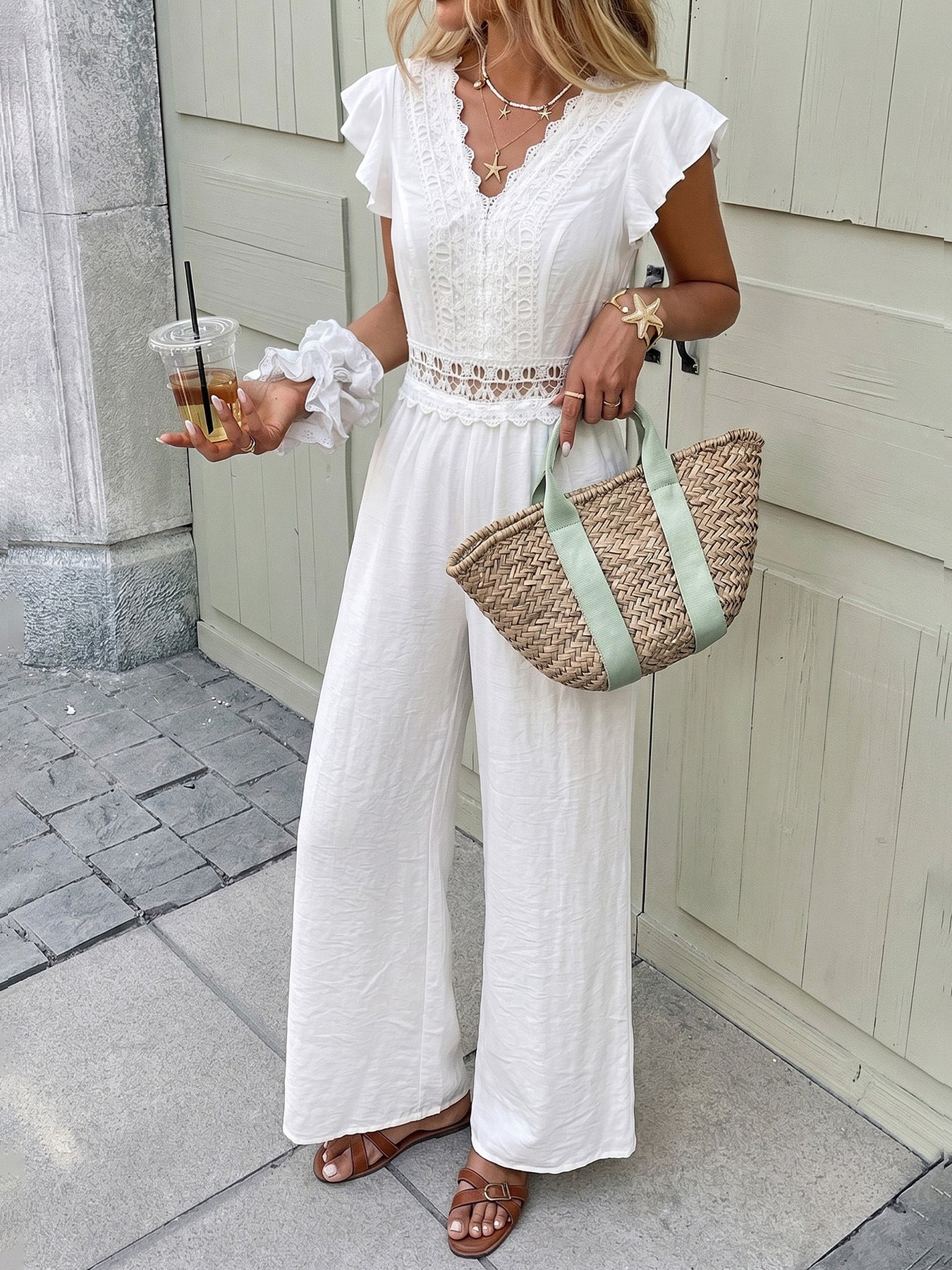 Off-White Lace Trim V Neck Jumpsuit Summer Casual Elegant Resort Outfit