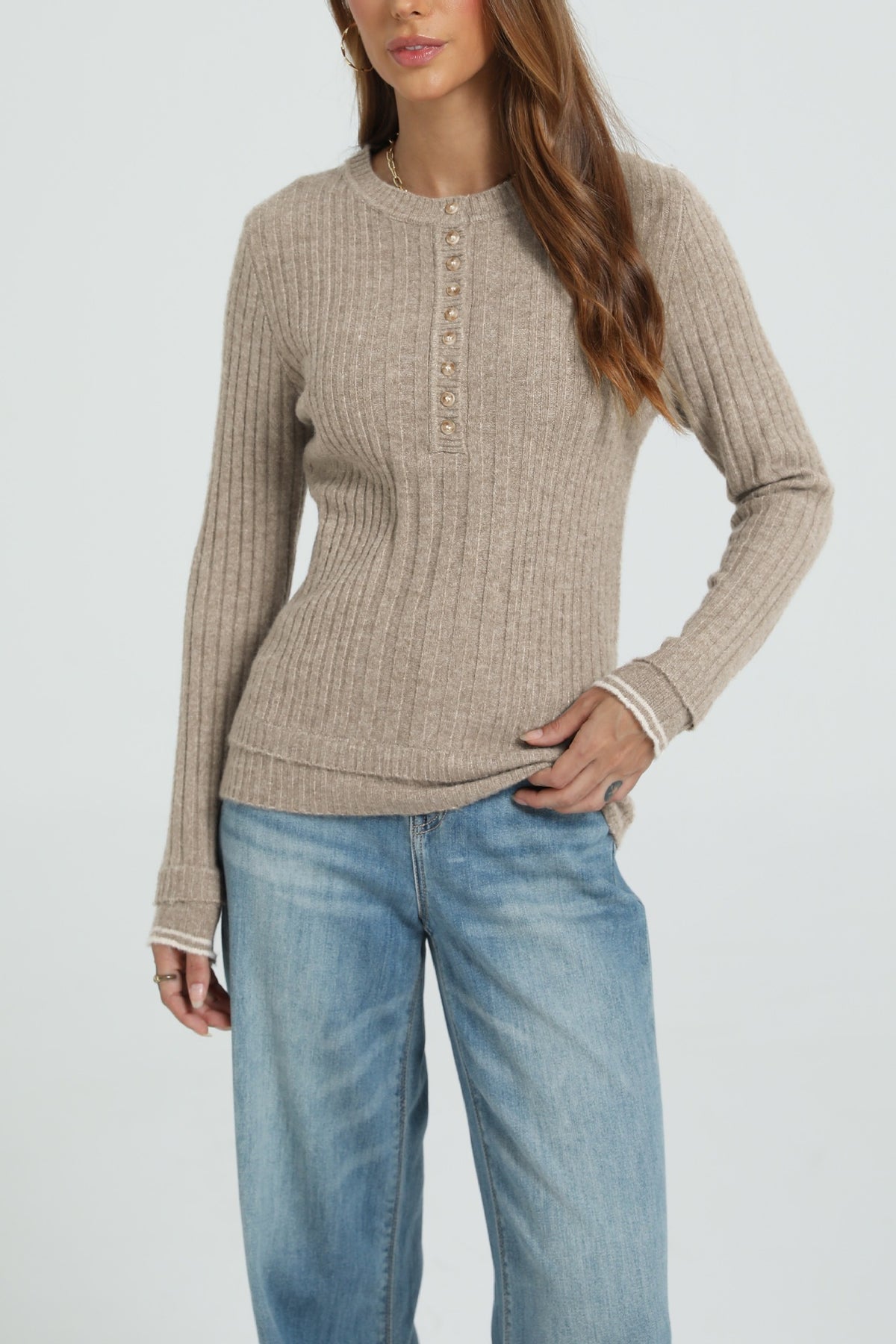Women's Ribbed Henley Long Sleeve Fitted Sweater