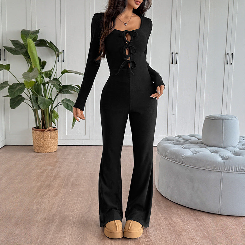 Sexy Tie Front Long Sleeve Jumpsuit with Flare Legs