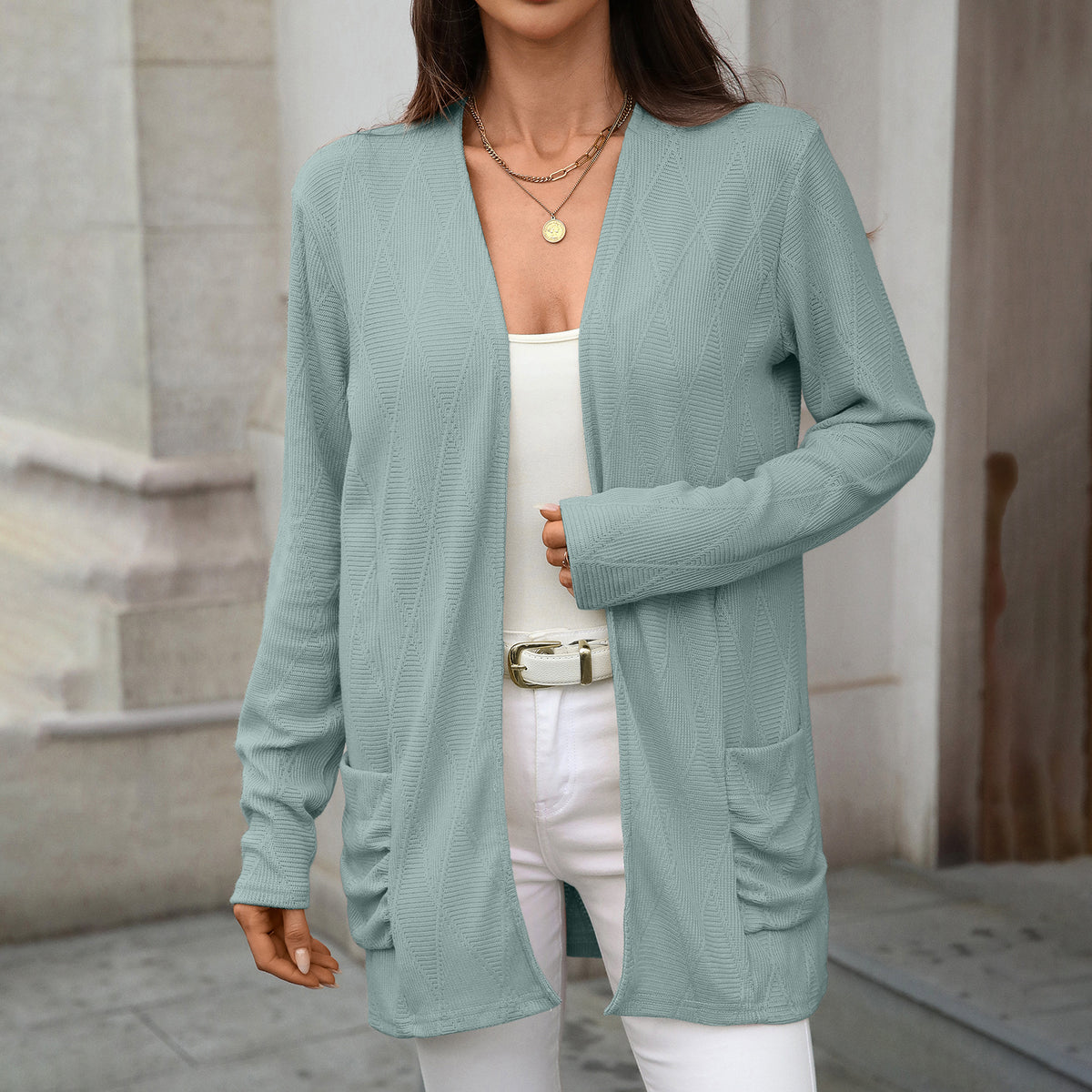 Women's Open Front Knit Cardigan Long Sleeve Pockets