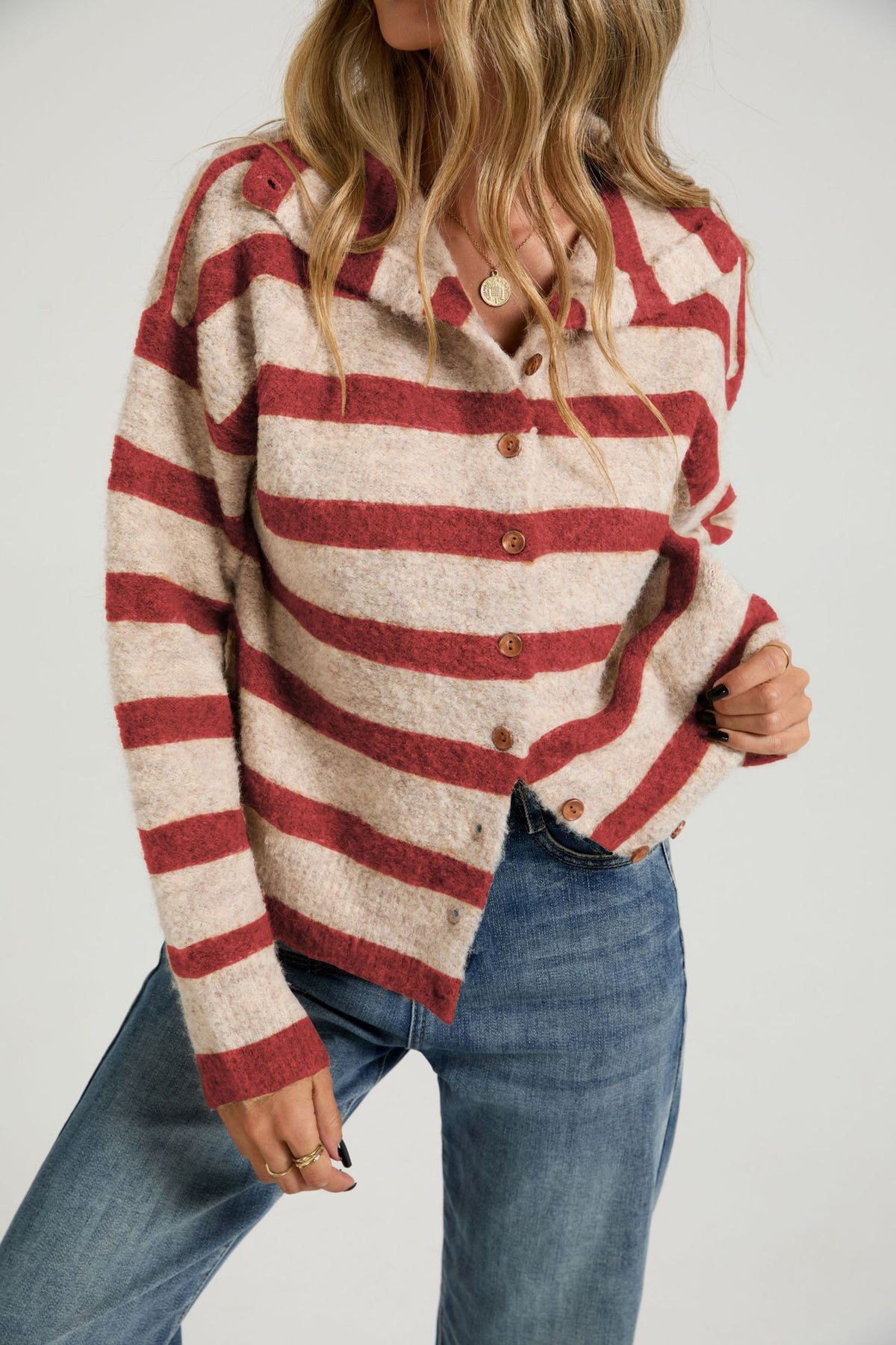 Oversized Striped Chunky Cardigan Button Front Sweater