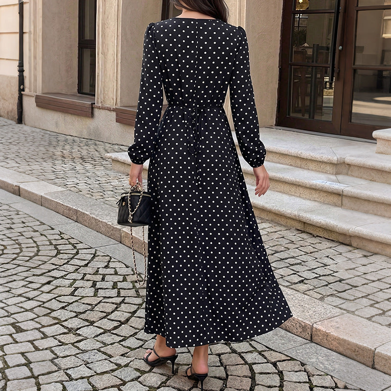 Black Polka Dot Maxi Dress Lace V-Neck Tie Long Sleeve
