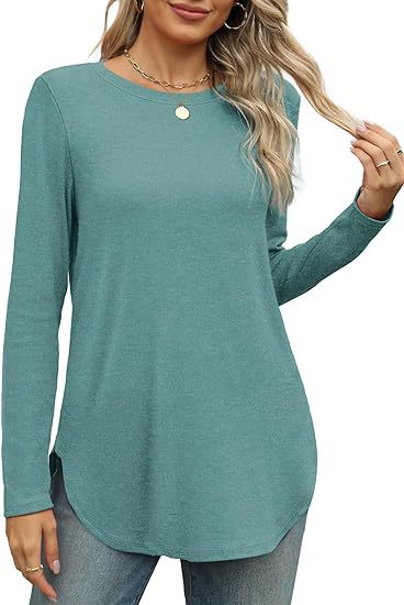 Women's Casual Long Sleeve Tunic Top Round Neck Side Slit