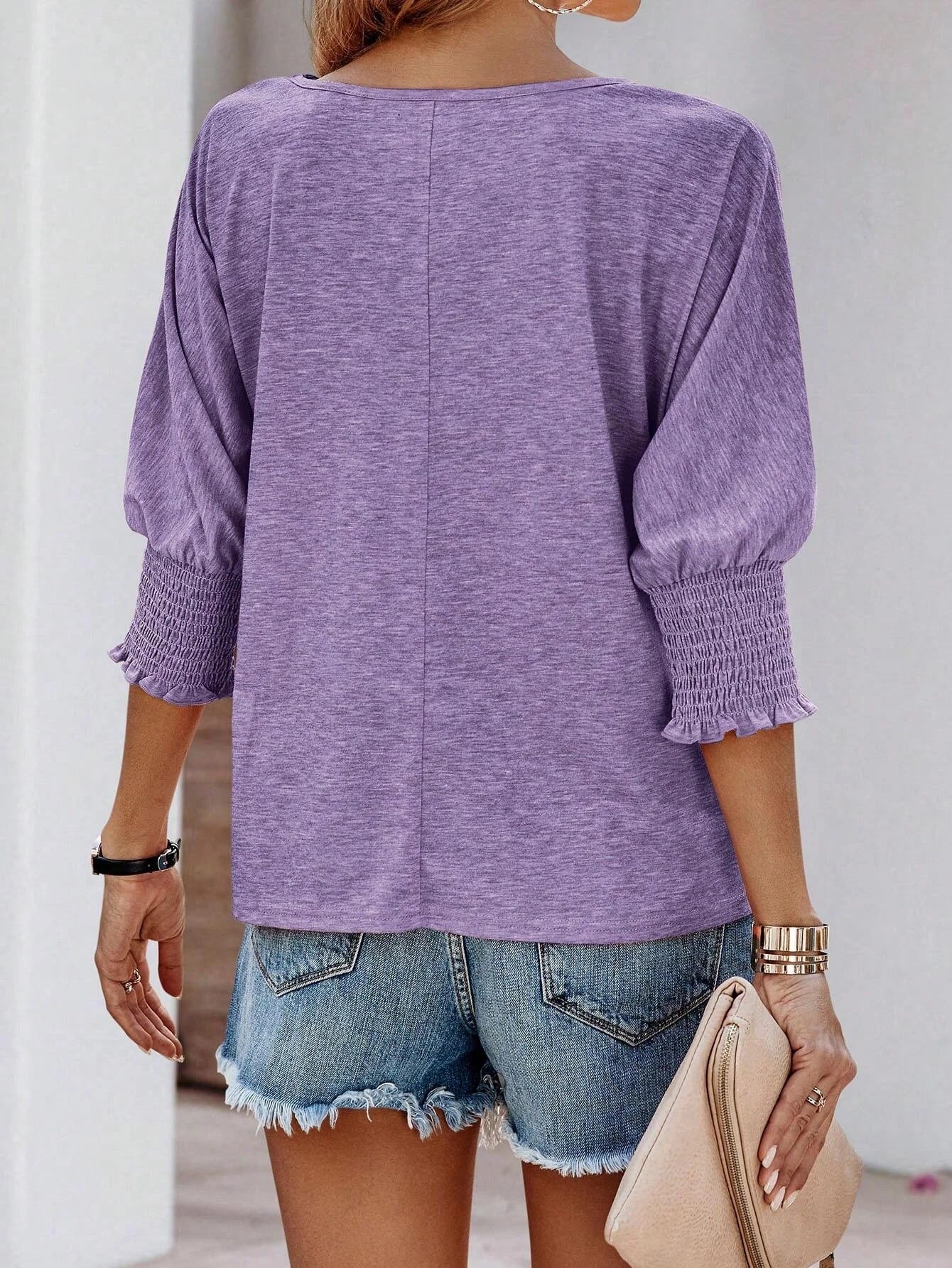 Solid Rayon Blouse Casual Boutique Smocked Sleeve