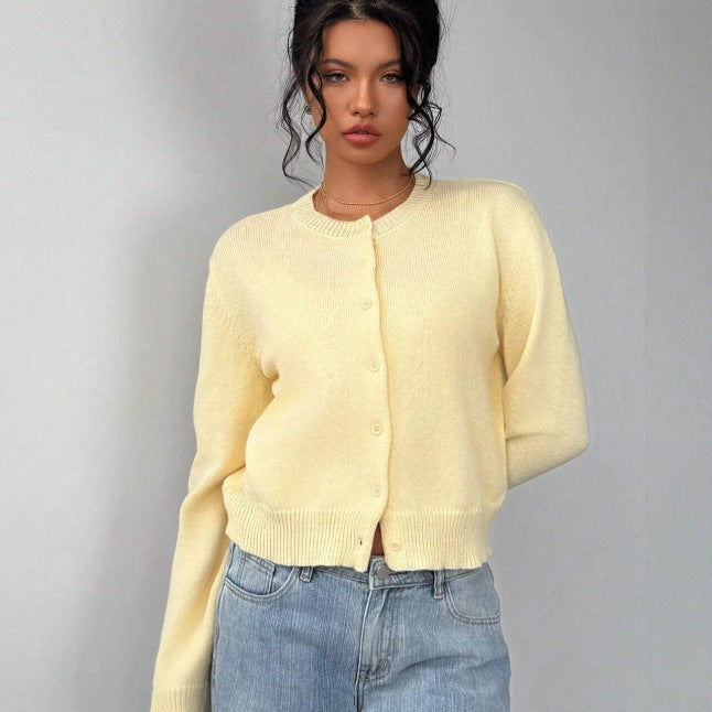 Butter Yellow Cropped Button Knit Cardigan