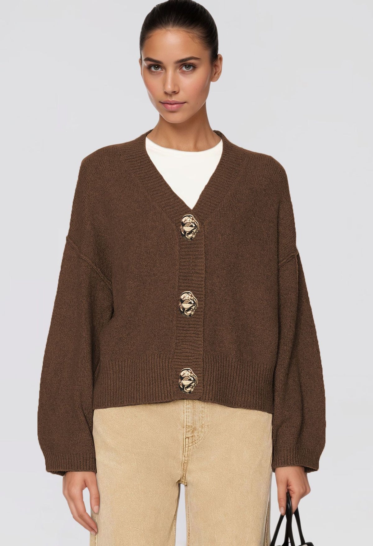 Womens Chunky V Neck Cardigan Statement Button Sweater