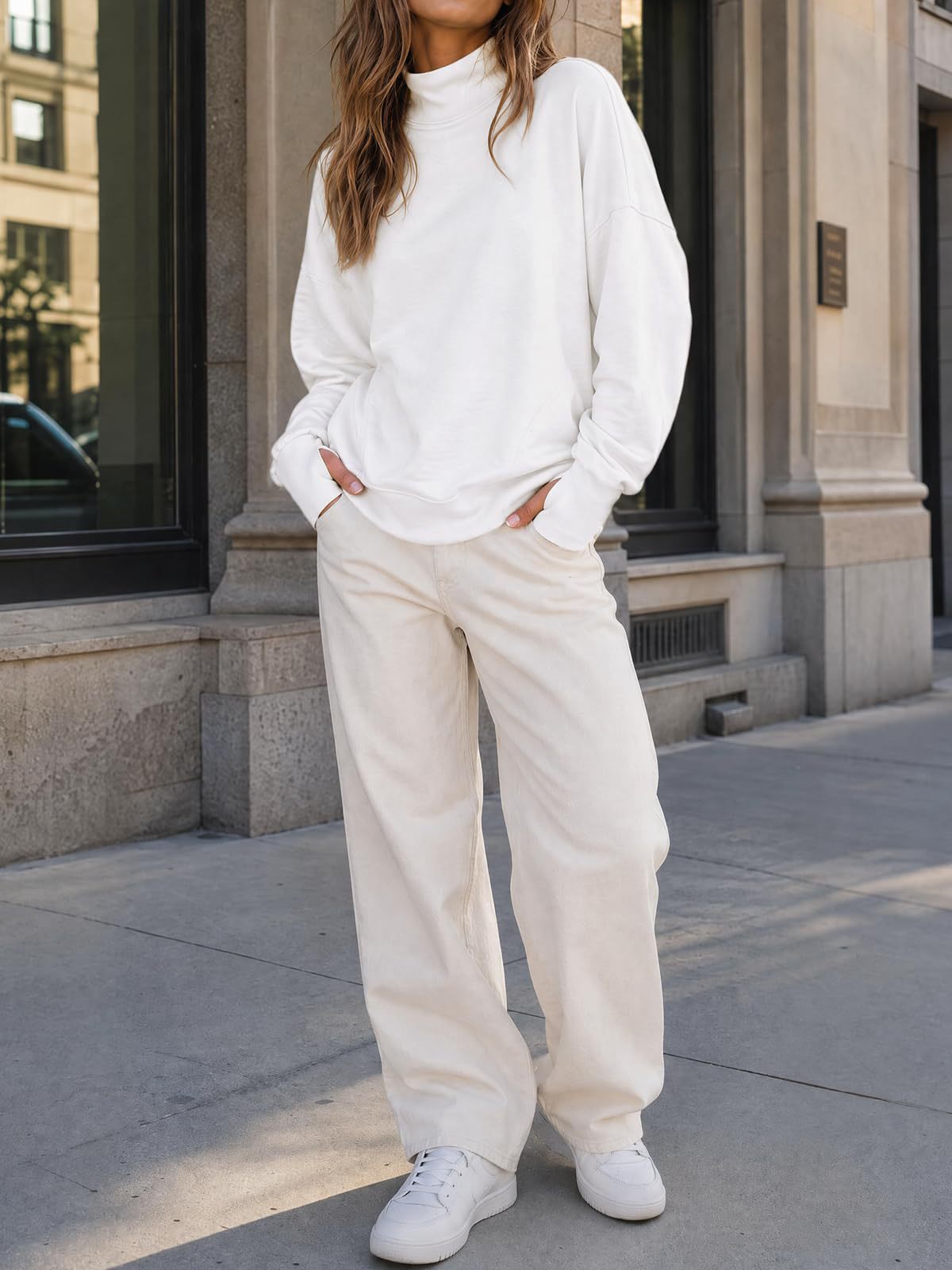 Mock Neck Oversized Womens Sweatshirt Solid Pullover Top