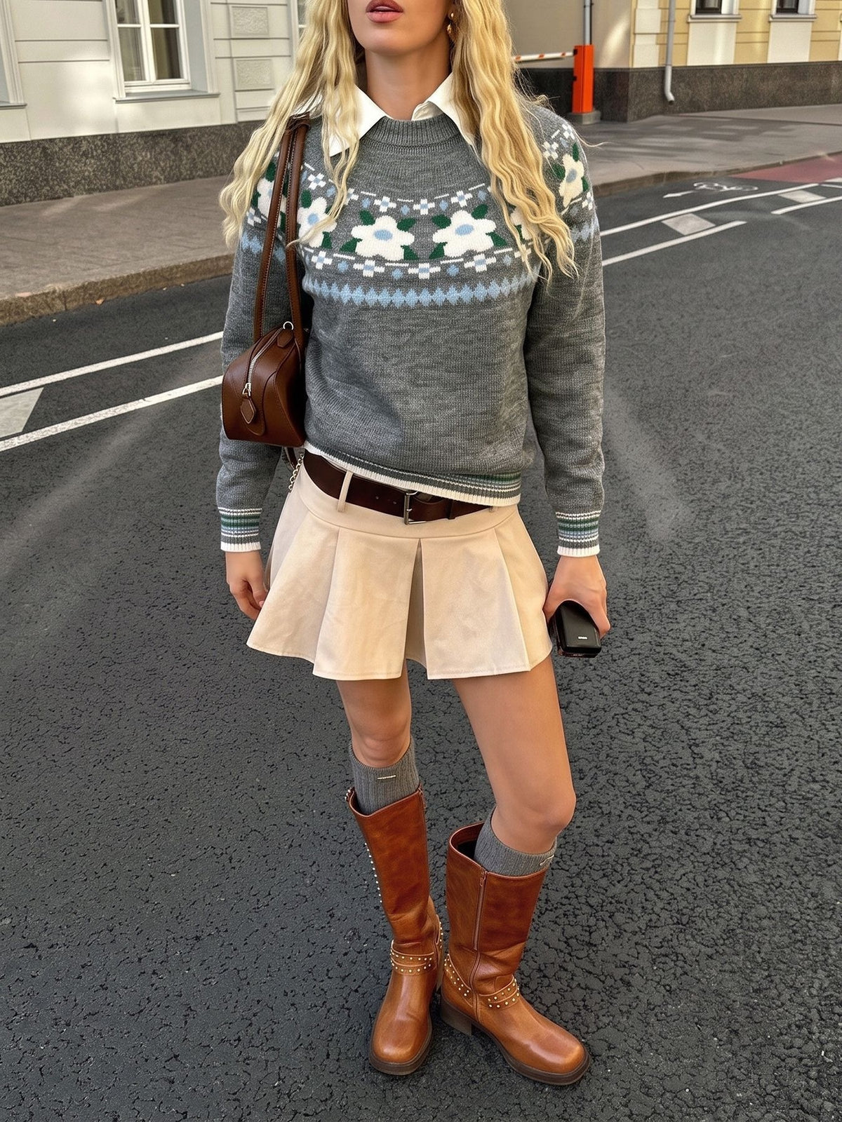 Women's Fair Isle Floral Oversized Crew Neck Sweater