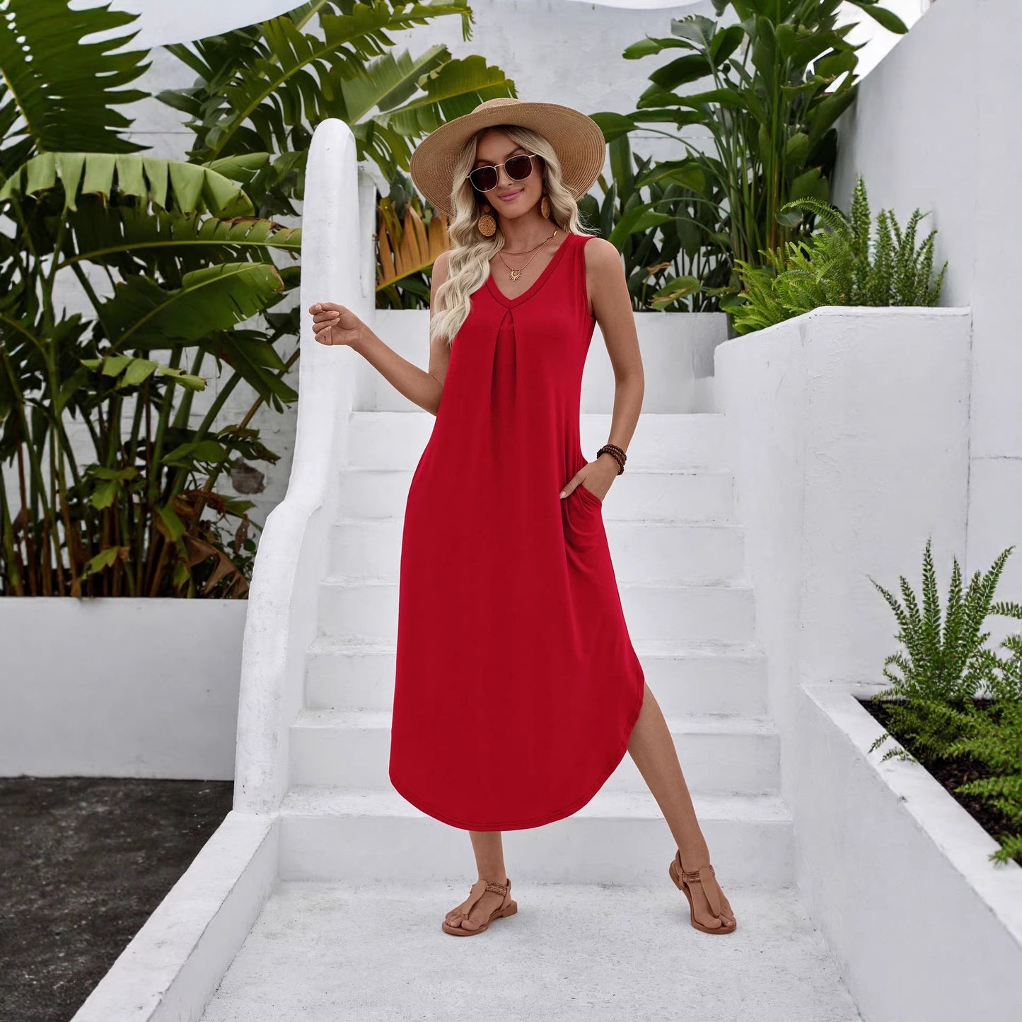 Solid Rayon Maxi Dress V Neck Sleeveless Boho Casual