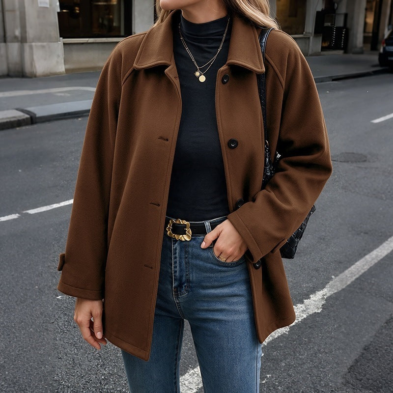 Women's Oversized Lapel Wool Coat Button Front Midi
