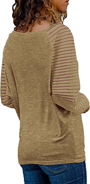 Striped Cotton Top Casual V Neck Sheer Sleeves