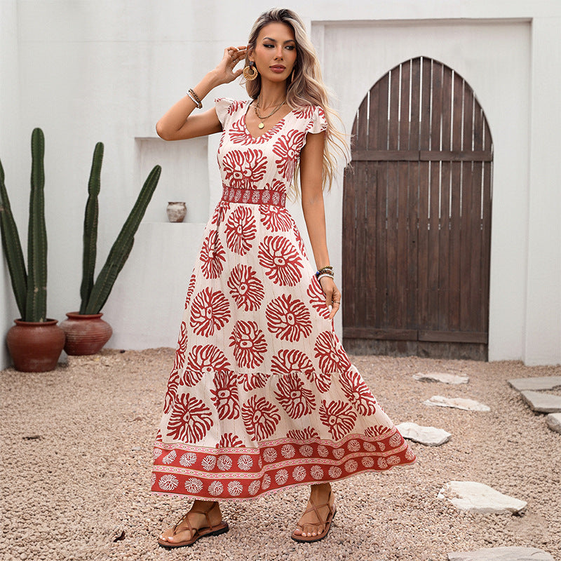 Red Floral V Neck Smocked Waist Flutter Sleeve Maxi Dress