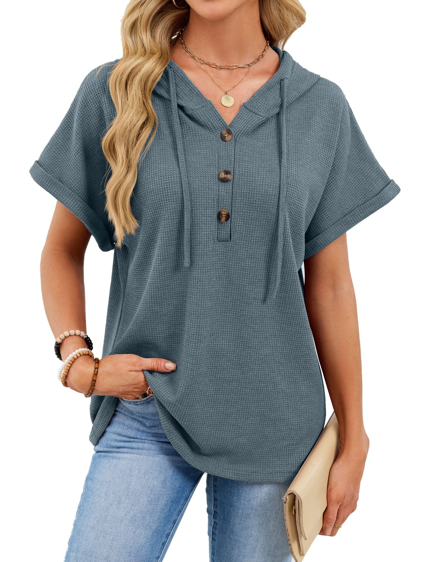 Waffle Knit Short Sleeve Hoodie Henley Button Top