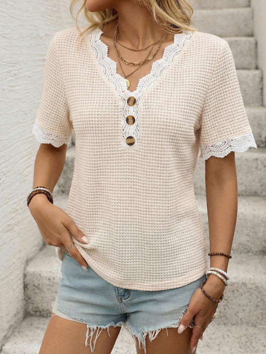 Lace Trim Waffle Knit V Neck Top Casual Summer Tee